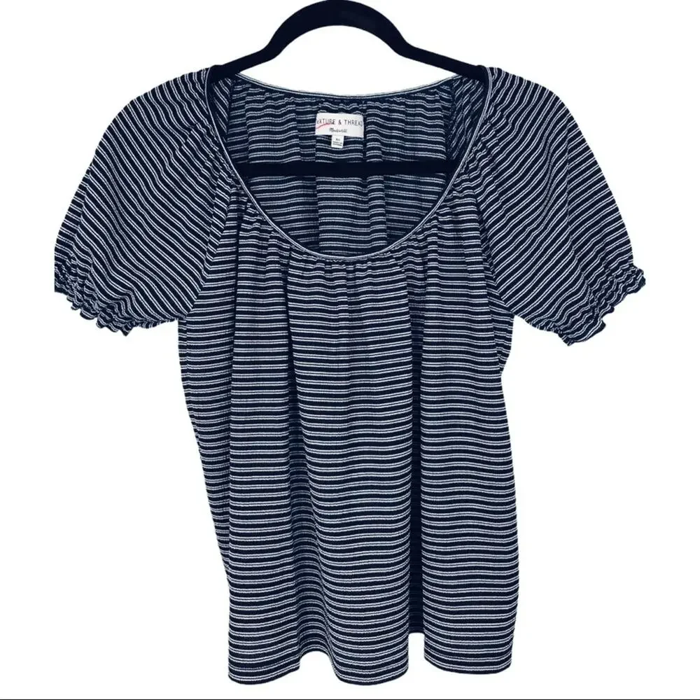 Madewell Texture & Thread Navy Stripe Peasant Top - Picture 8 of 13